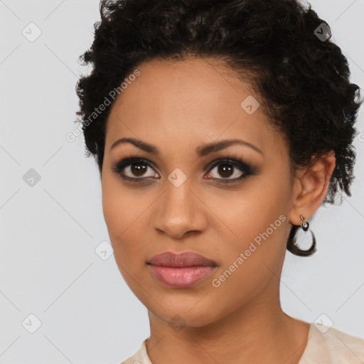 Joyful latino young-adult female with short  brown hair and brown eyes