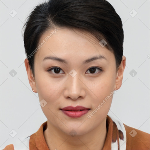 Joyful asian young-adult female with medium  brown hair and brown eyes