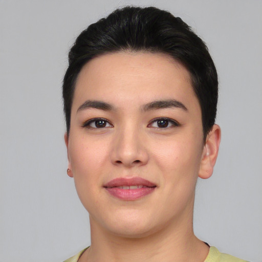 Joyful asian young-adult female with short  black hair and brown eyes