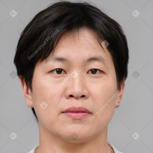 Neutral asian young-adult male with short  brown hair and brown eyes