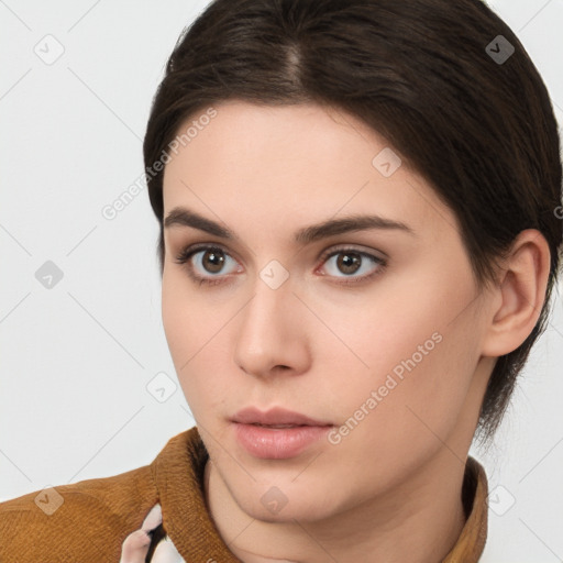 Neutral white young-adult female with short  brown hair and brown eyes