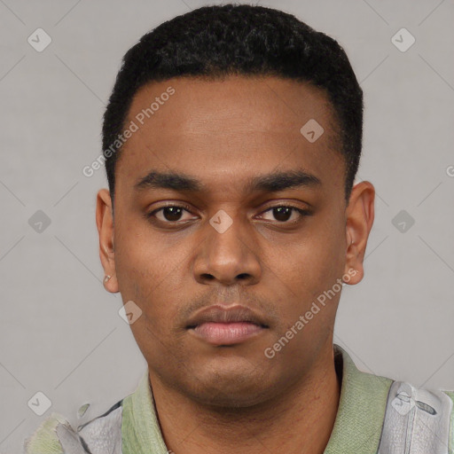 Neutral latino young-adult male with short  black hair and brown eyes