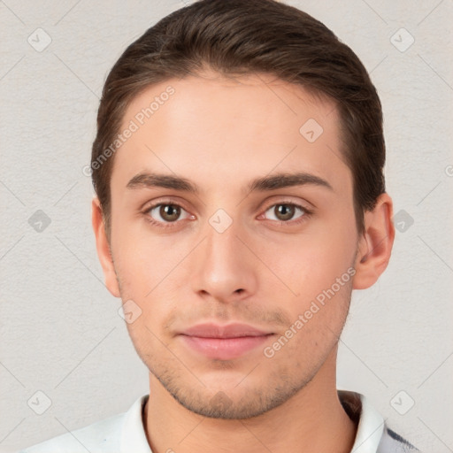 Neutral white young-adult male with short  brown hair and brown eyes