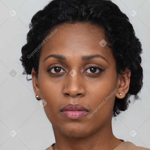 Neutral black young-adult female with short  black hair and brown eyes