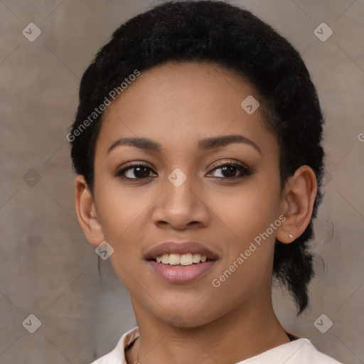 Joyful latino young-adult female with short  black hair and brown eyes