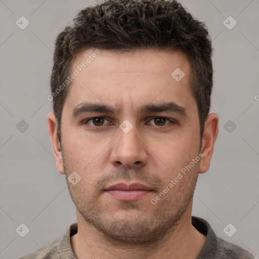 Neutral white young-adult male with short  brown hair and grey eyes