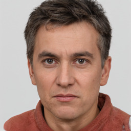 Neutral white adult male with short  brown hair and grey eyes