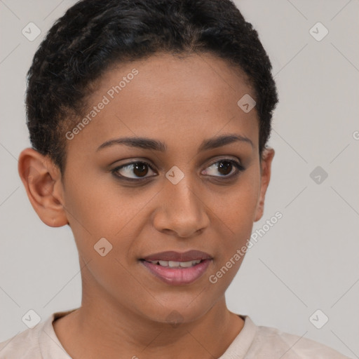 Joyful latino young-adult female with short  brown hair and brown eyes