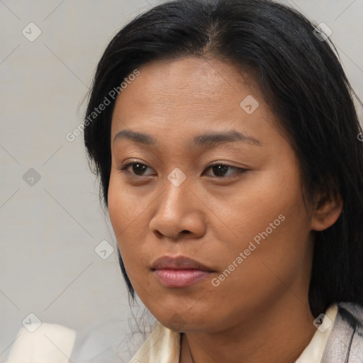 Neutral asian young-adult female with medium  brown hair and brown eyes