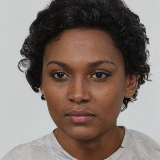 Neutral black young-adult female with short  black hair and brown eyes