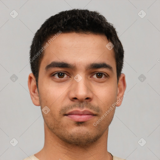 Neutral latino young-adult male with short  brown hair and brown eyes