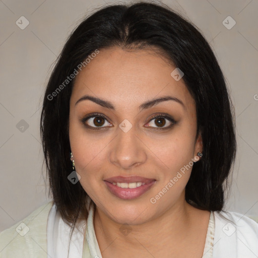 Joyful latino young-adult female with medium  brown hair and brown eyes