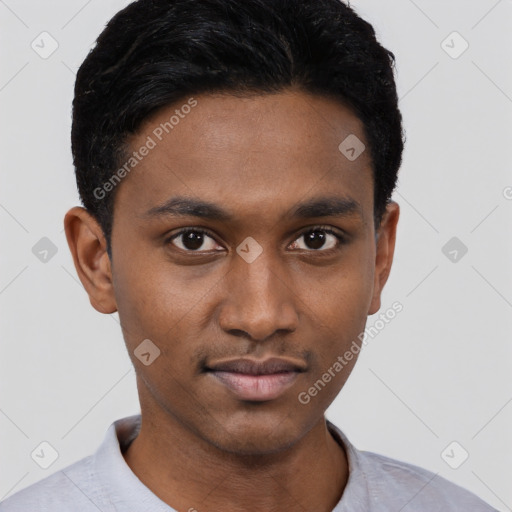 Neutral black young-adult male with short  black hair and brown eyes