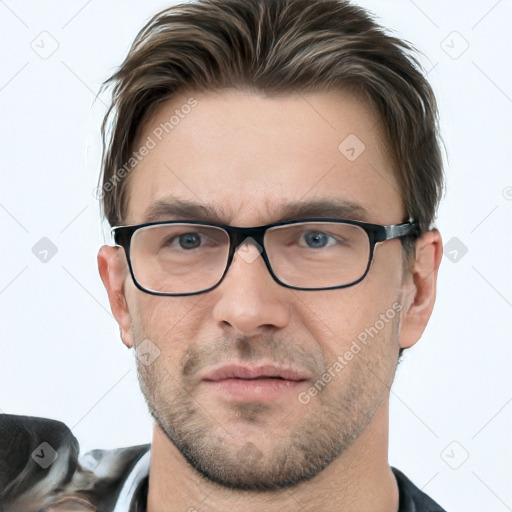 Neutral white young-adult male with short  brown hair and grey eyes