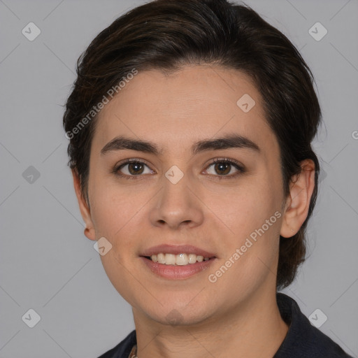 Joyful white young-adult female with medium  brown hair and brown eyes