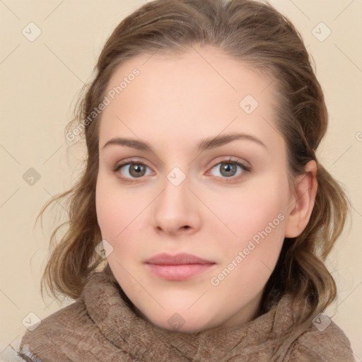 Neutral white young-adult female with medium  brown hair and grey eyes