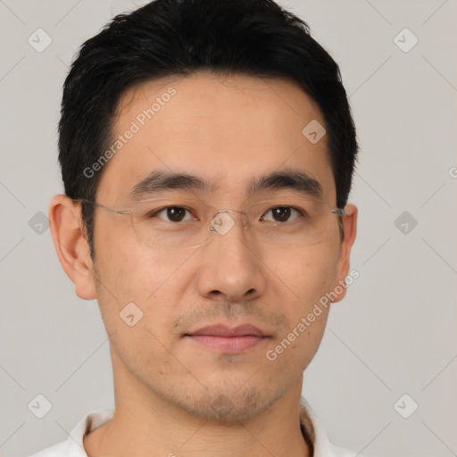 Neutral asian young-adult male with short  black hair and brown eyes