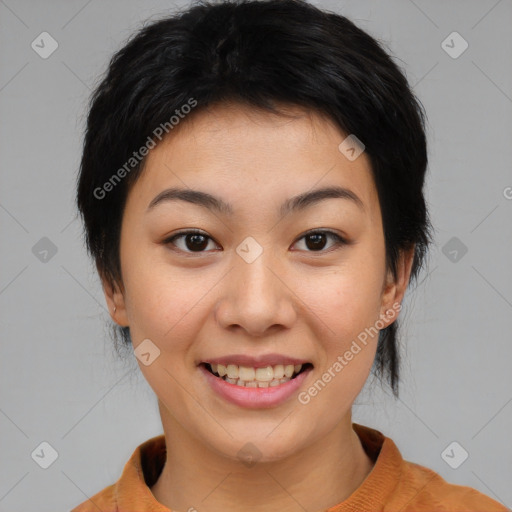 Joyful asian young-adult female with medium  black hair and brown eyes