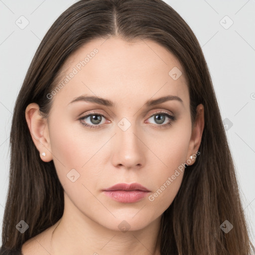 Neutral white young-adult female with long  brown hair and grey eyes