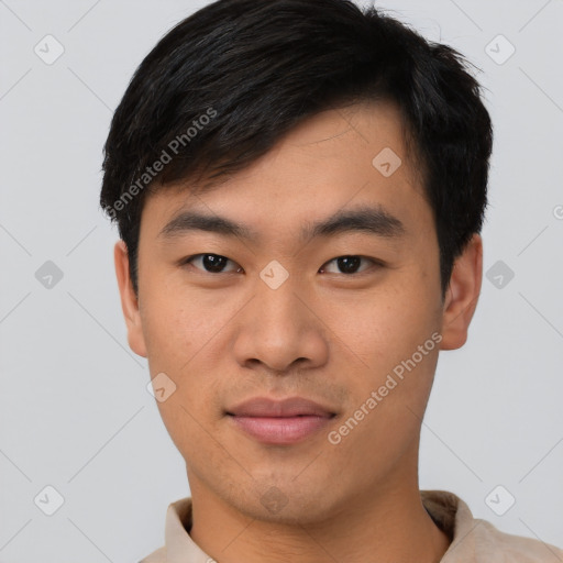 Neutral asian young-adult male with short  black hair and brown eyes