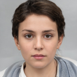 Neutral white young-adult female with short  brown hair and brown eyes