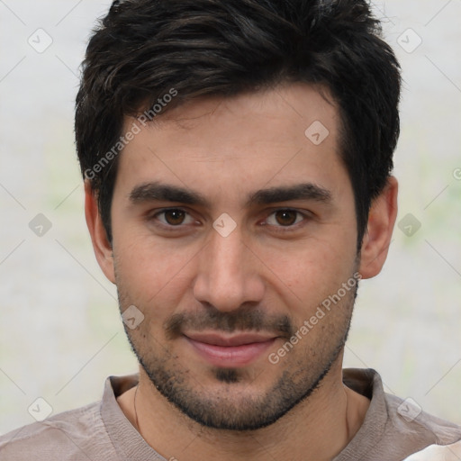 Joyful white young-adult male with short  black hair and brown eyes