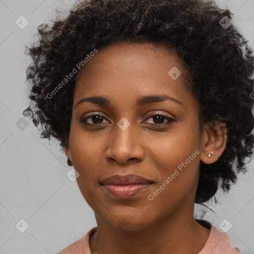 Joyful black young-adult female with medium  black hair and brown eyes