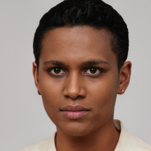 Neutral black young-adult female with short  black hair and brown eyes
