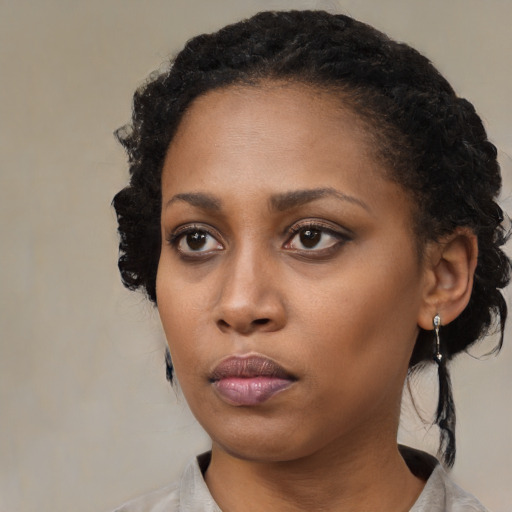 Neutral black young-adult female with medium  black hair and brown eyes