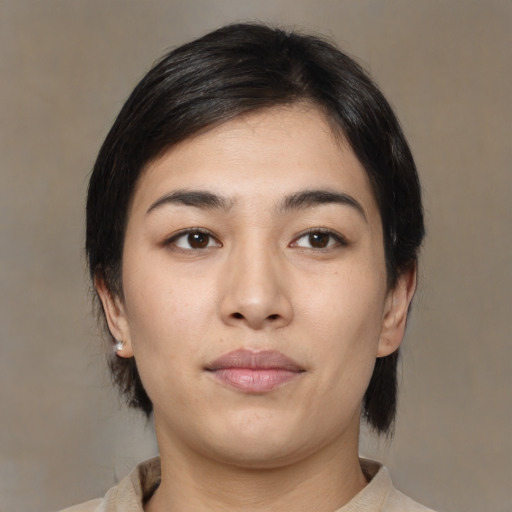 Neutral white young-adult female with medium  black hair and brown eyes