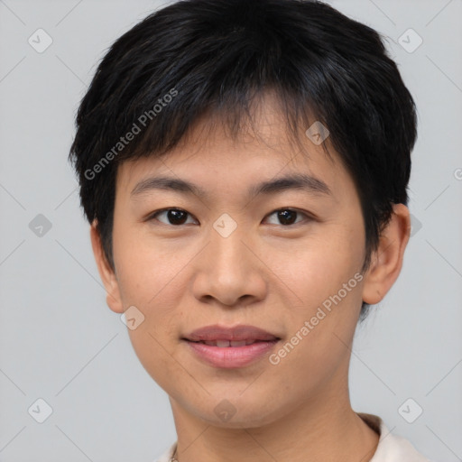 Joyful asian young-adult female with short  brown hair and brown eyes