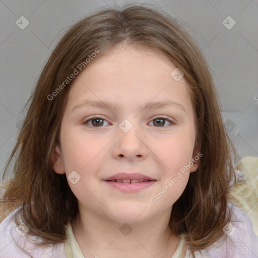 Joyful white child female with medium  brown hair and brown eyes