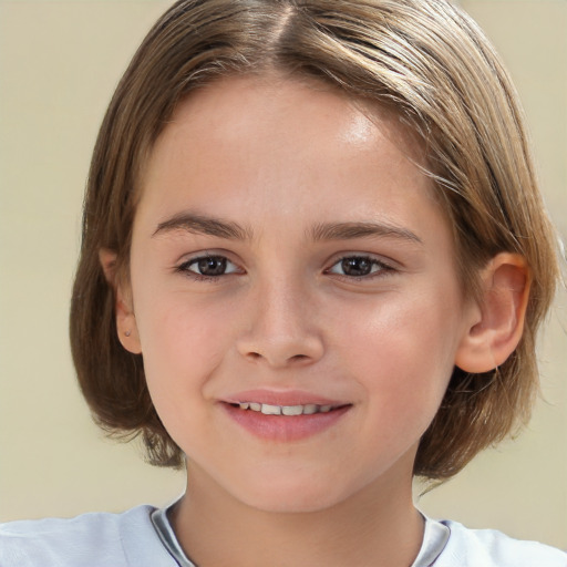 Joyful white child female with medium  brown hair and brown eyes