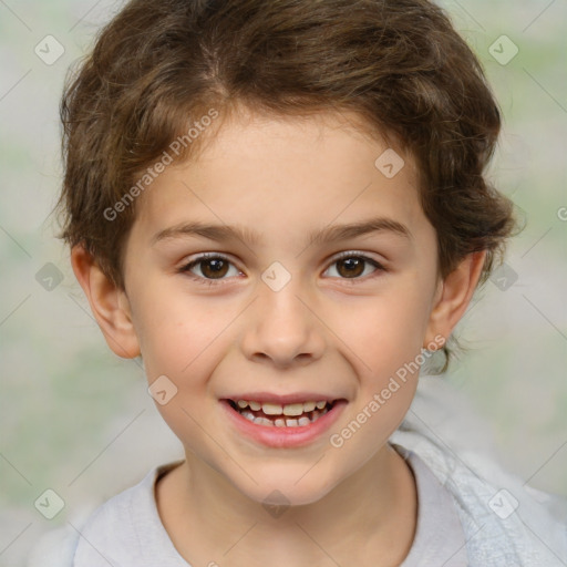 Joyful white child female with short  brown hair and brown eyes