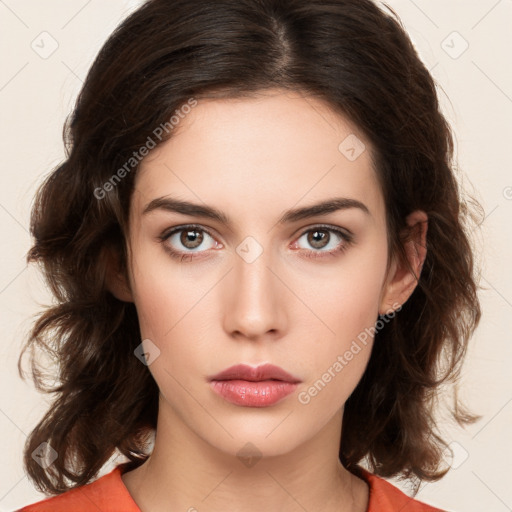 Neutral white young-adult female with medium  brown hair and brown eyes