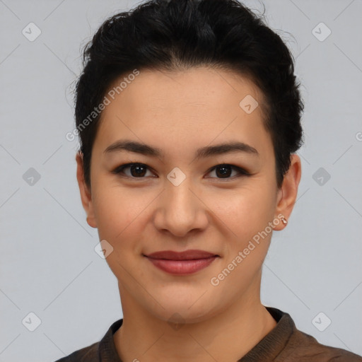 Joyful latino young-adult female with short  brown hair and brown eyes