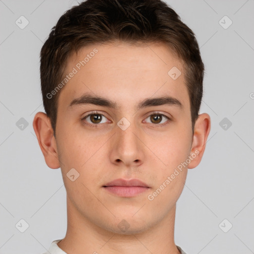 Neutral white young-adult male with short  brown hair and brown eyes