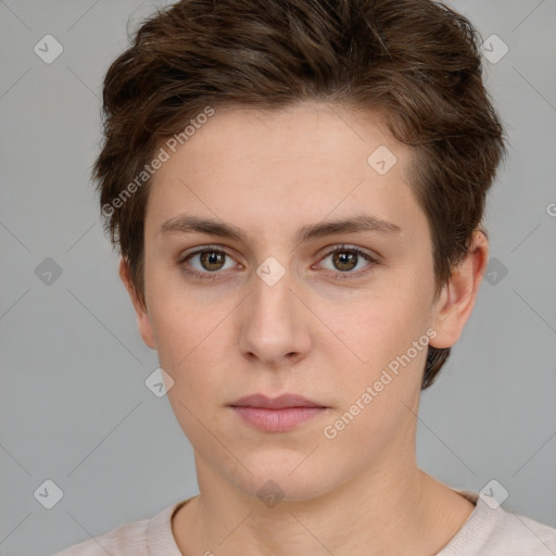 Neutral white young-adult female with short  brown hair and brown eyes