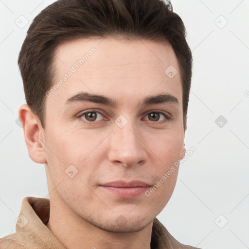 Neutral white young-adult male with short  brown hair and grey eyes