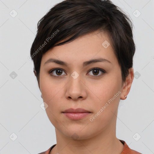 Neutral white young-adult female with short  brown hair and brown eyes