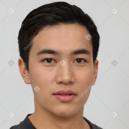 Neutral asian young-adult male with short  black hair and brown eyes