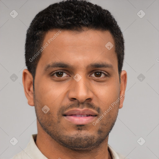 Neutral latino young-adult male with short  brown hair and brown eyes