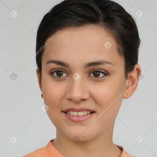 Joyful white young-adult female with short  brown hair and brown eyes