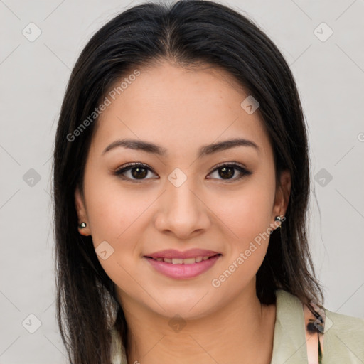 Joyful latino young-adult female with long  brown hair and brown eyes