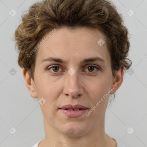 Joyful white adult female with short  brown hair and brown eyes