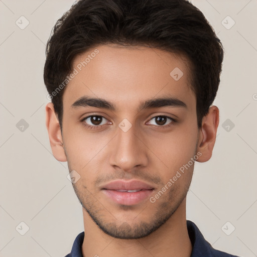 Neutral white young-adult male with short  brown hair and brown eyes