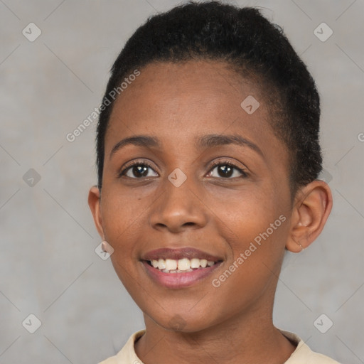 Joyful black young-adult female with short  brown hair and brown eyes