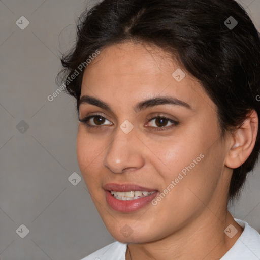 Joyful white young-adult female with medium  brown hair and brown eyes