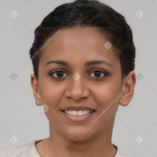 Joyful latino young-adult female with short  brown hair and brown eyes