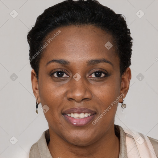 Joyful black young-adult female with short  brown hair and brown eyes